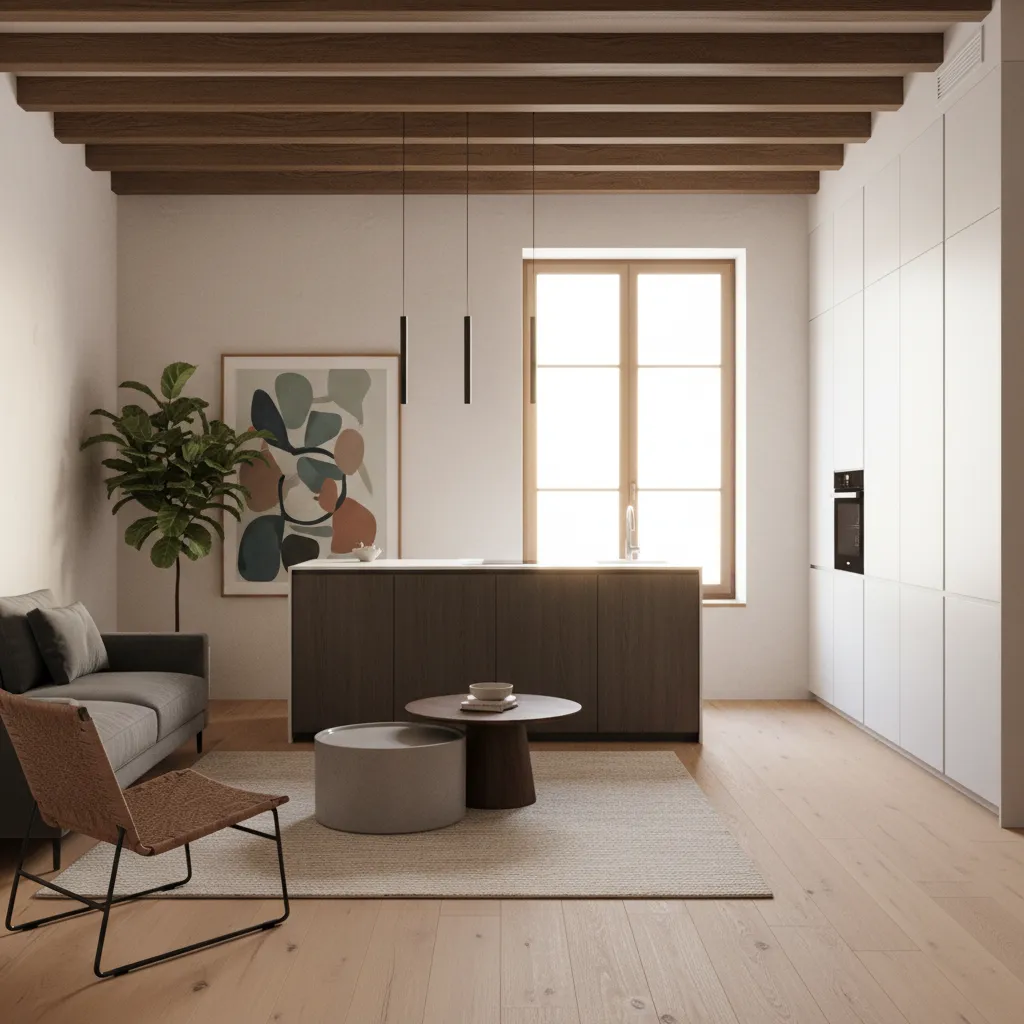 Open plan kitchen and living space with wood ceiling beams island sofa and natural light