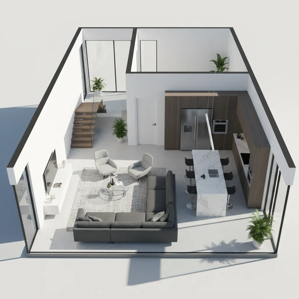 Plano 3D de salón y cocina conectados en una casa moderna