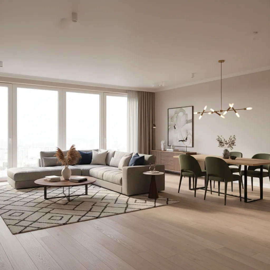 Espacio abierto con zona de salón y comedor claramente diferenciados