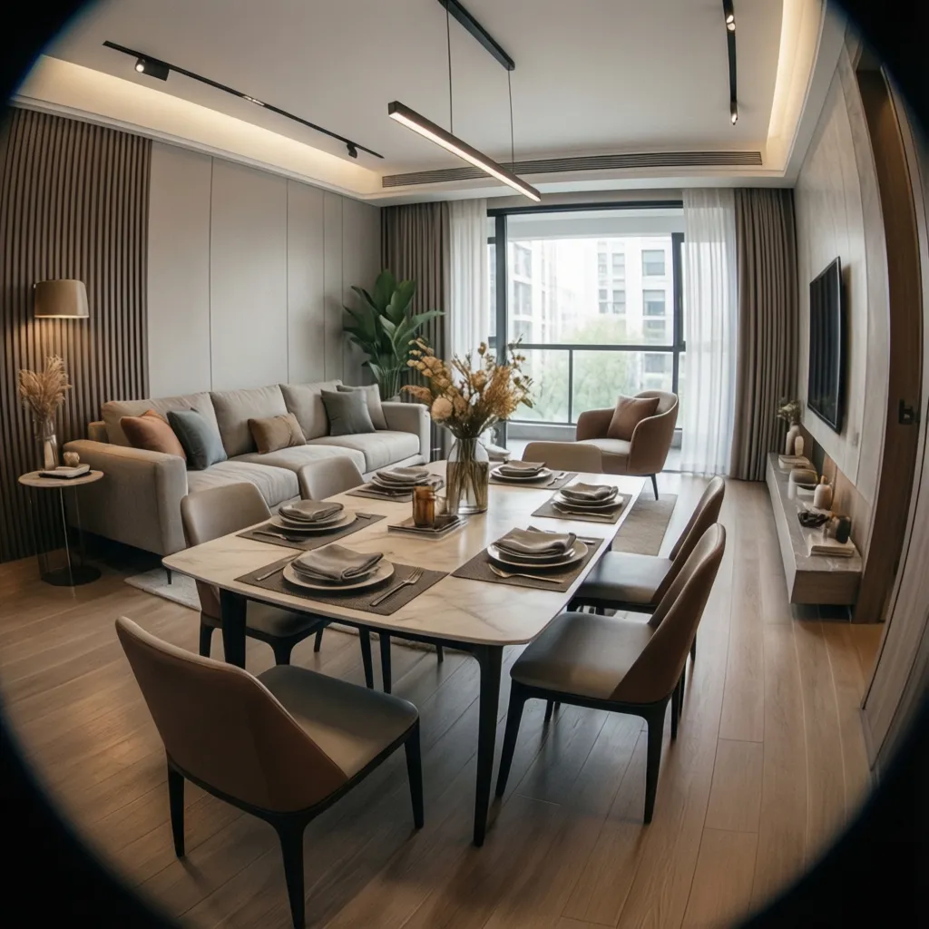 Modern dining room set with marble table, grey sofa, ceiling lights, large windows, and curtains