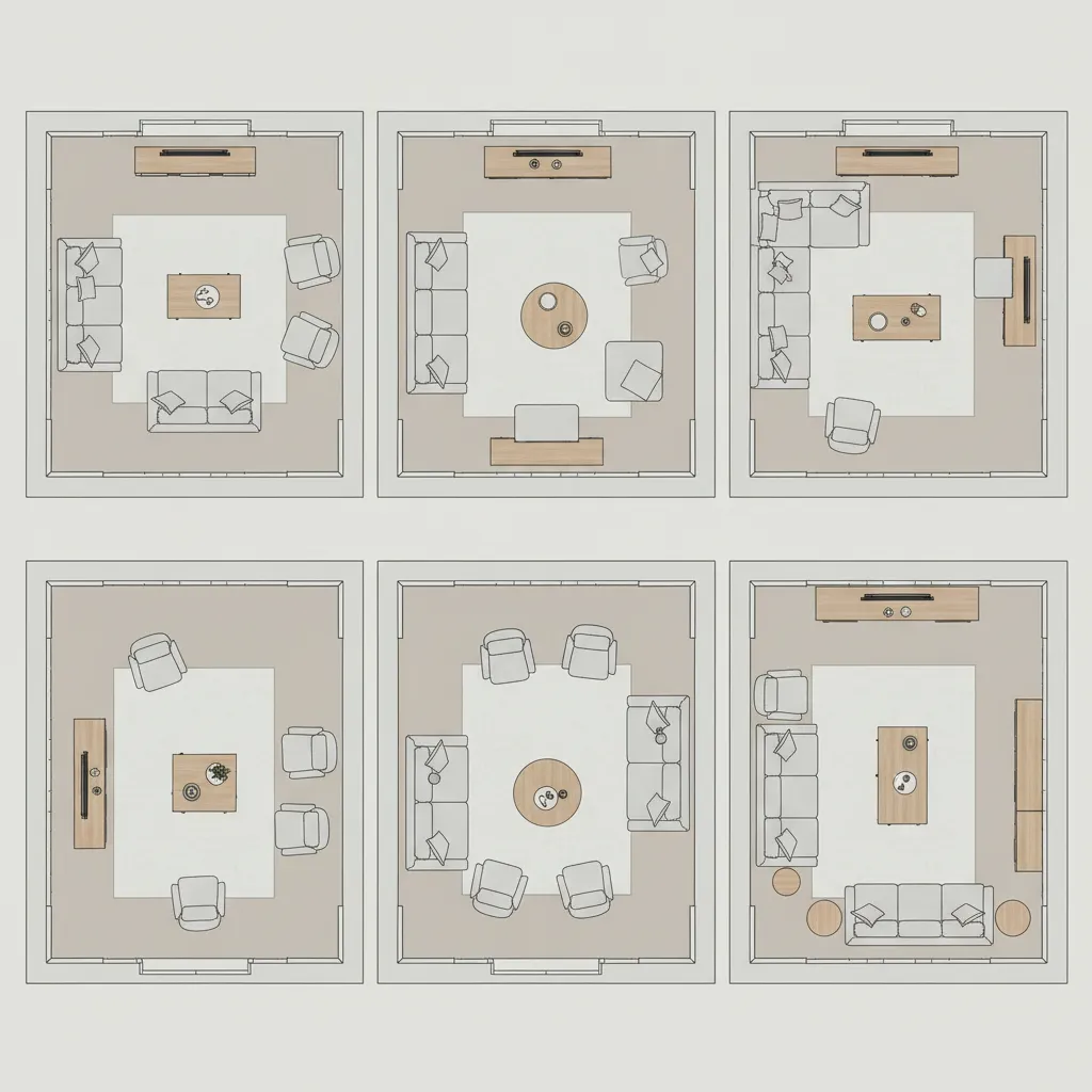 Six different room layout options in interior design drawings with various common living room furniture