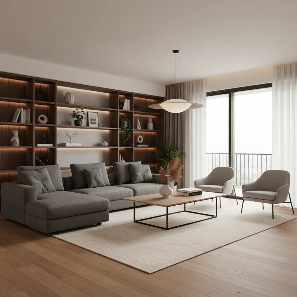 Diseño 3D de un salón con sofá, mesa de centro y circulación clara