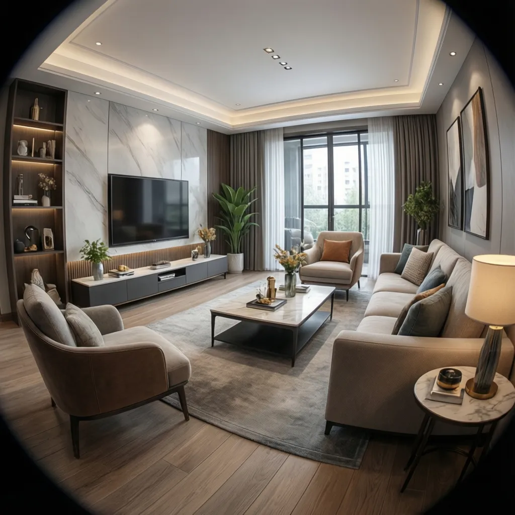 Modern living room with marble wall, large TV, grey sofa, two armchairs, and wood floor
