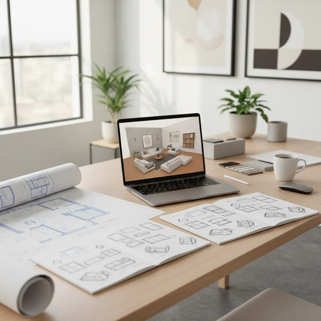 Wooden desk with laptop showing interior design drawing and blue floor plan with furniture sketches
