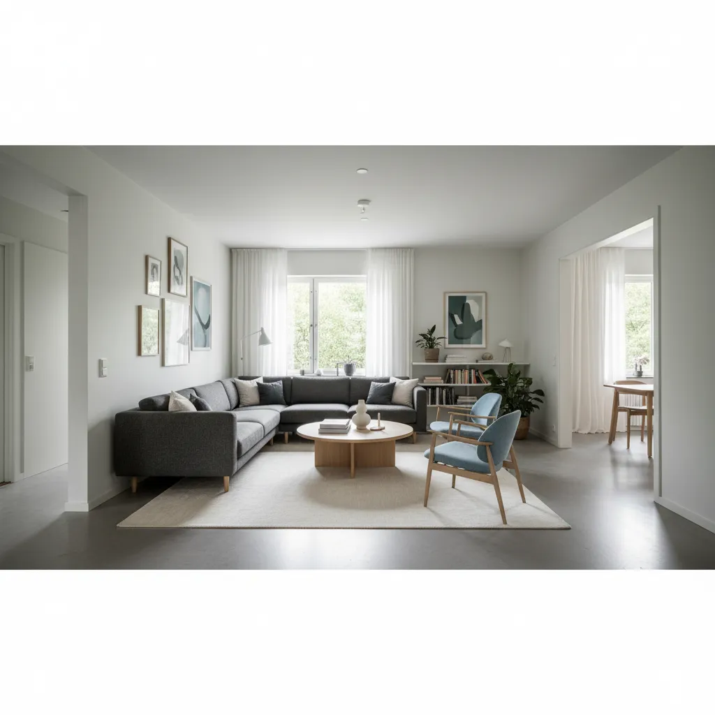 Minimalist white living room with grey corner sofa blue armchairs and a wooden coffee table