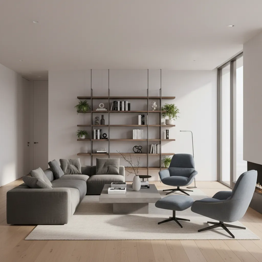 Diseño digital de salón mostrando circulación entre muebles