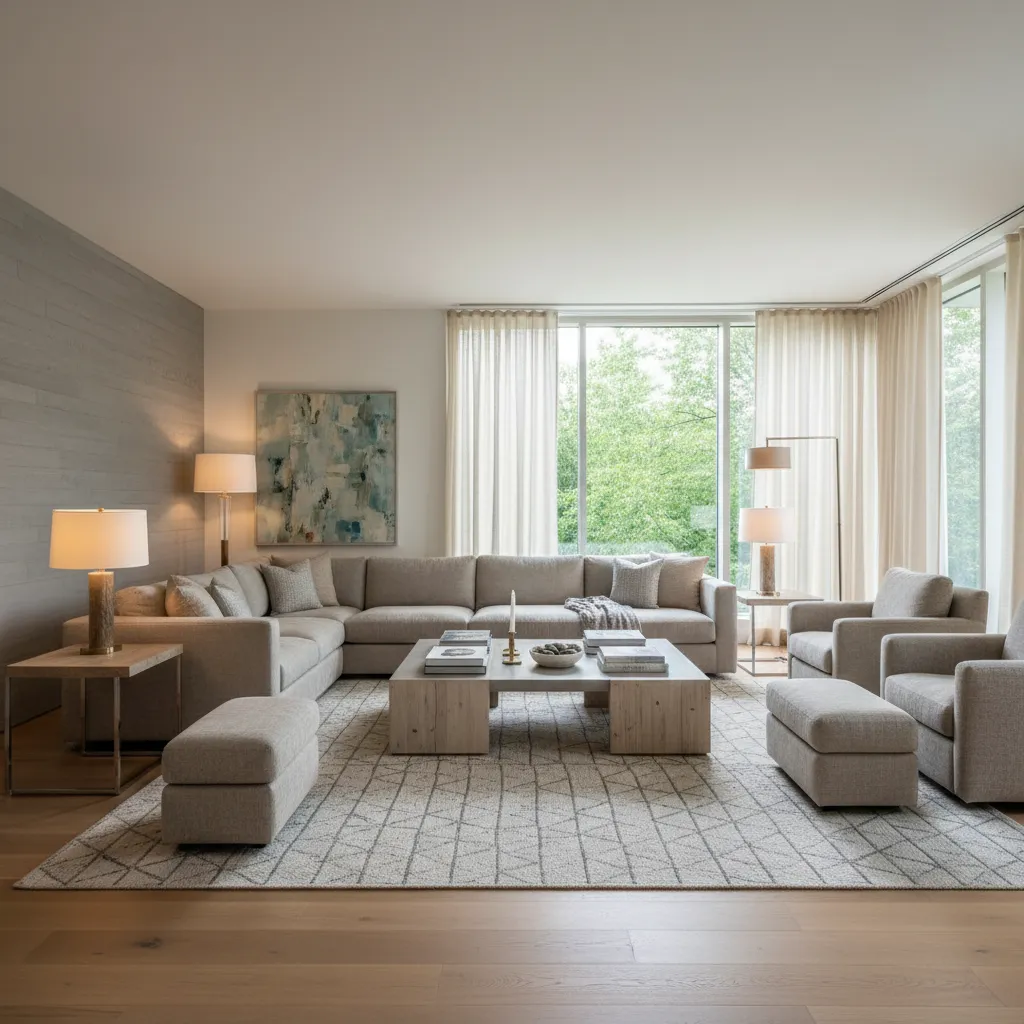 salón moderno bien distribuido con sofá, iluminación cálida y circulación clara