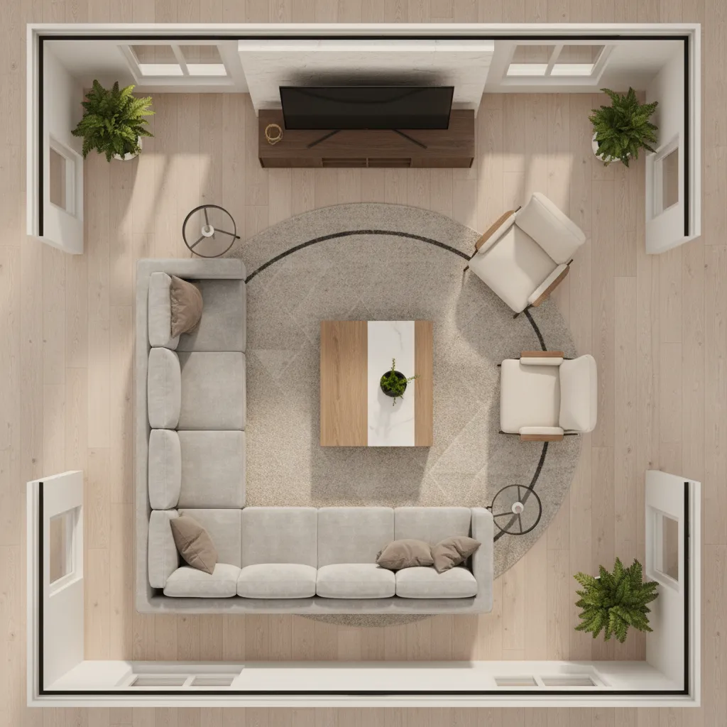 Plano de distribución de un salón con muebles correctamente organizados