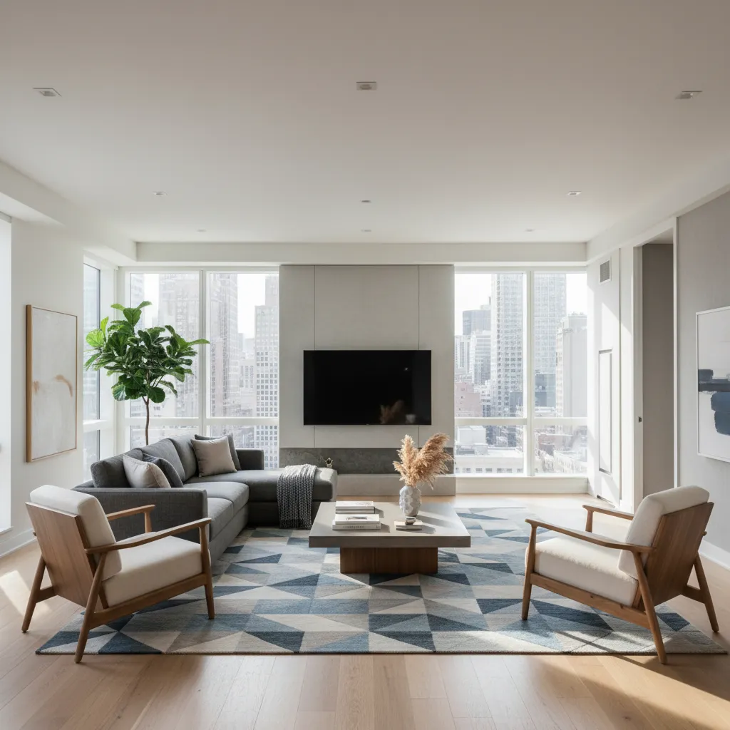 distribución equilibrada de muebles en un salón moderno