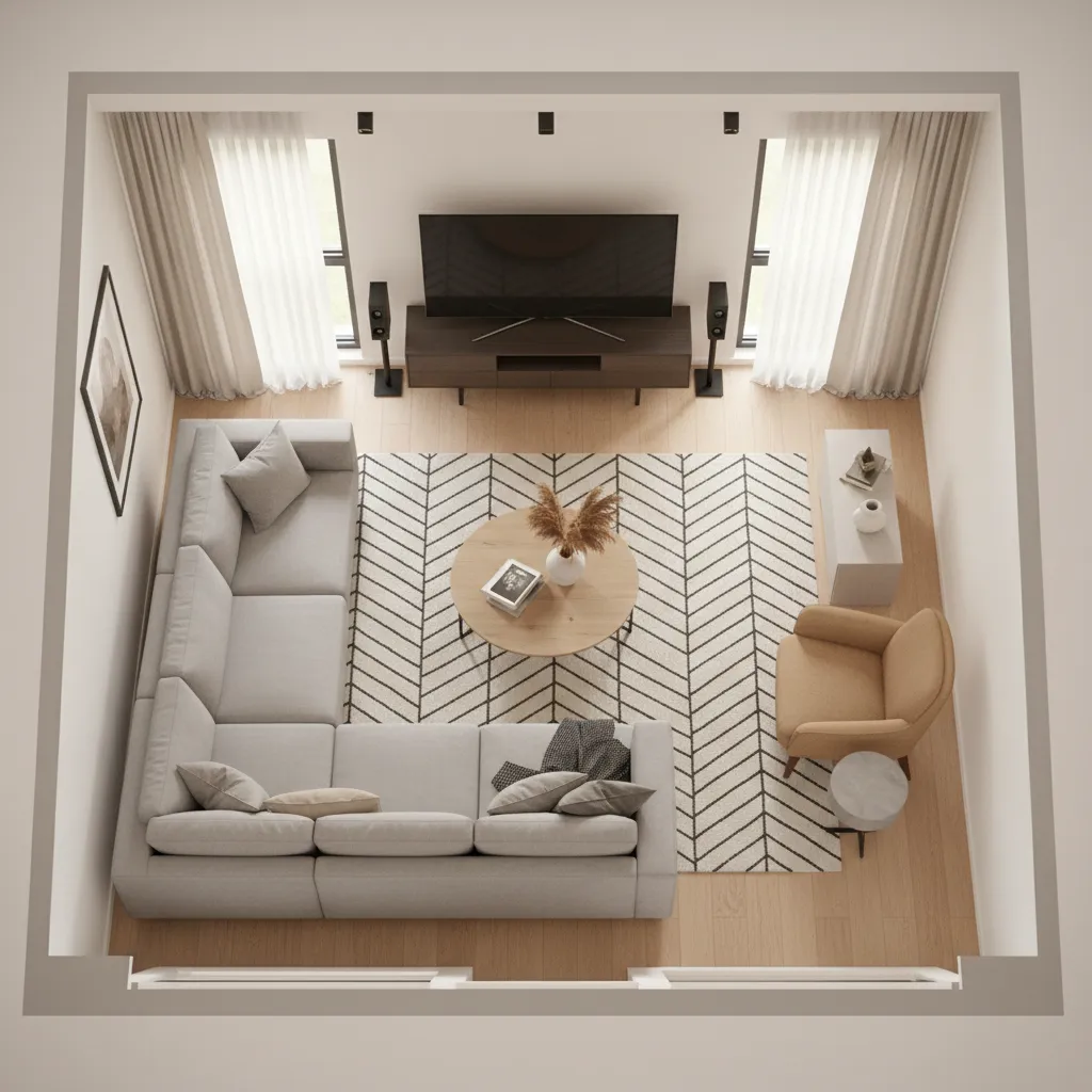 Plano visual de distribución de muebles en un salón moderno