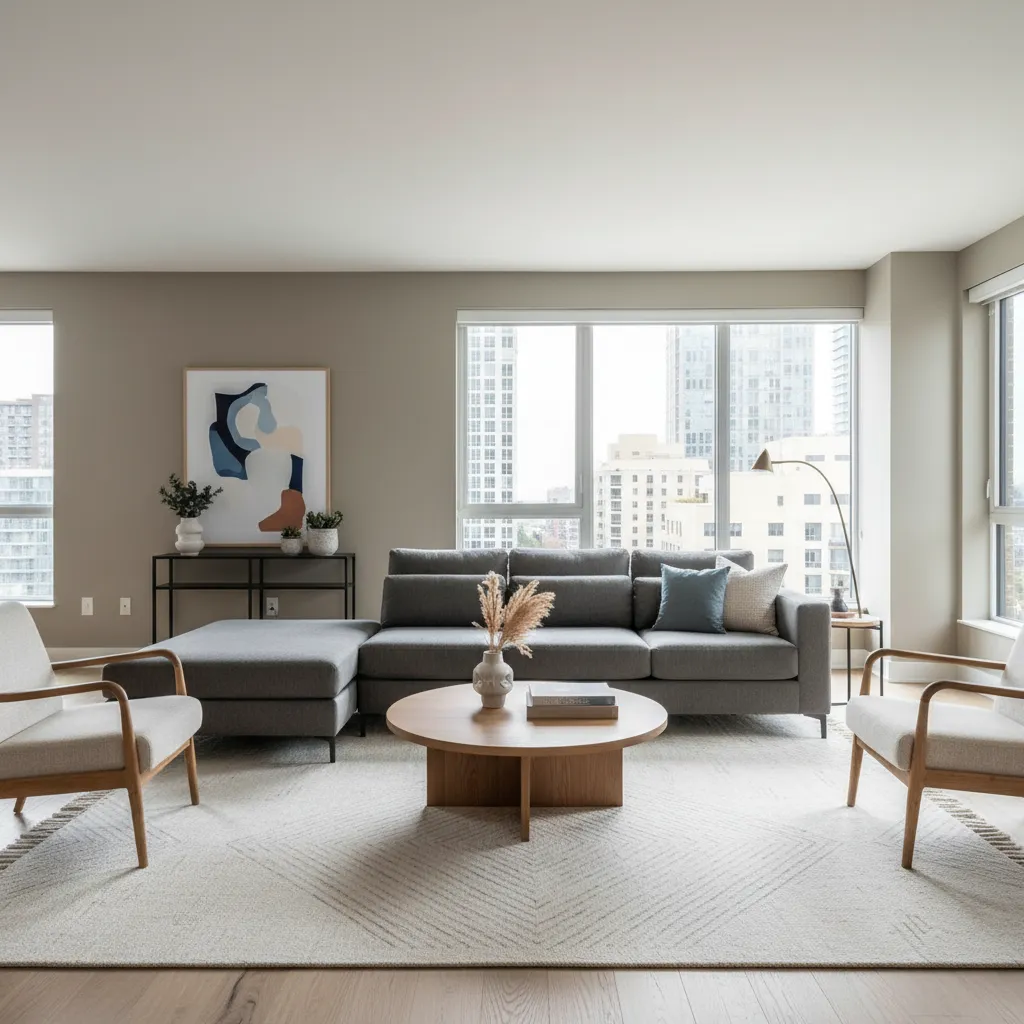 Grey sofa with two chairs, wooden coffee table, large windows with city view, and rug