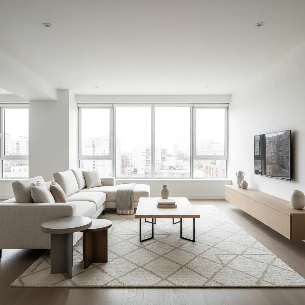 Distribución equilibrada de muebles en un salón moderno