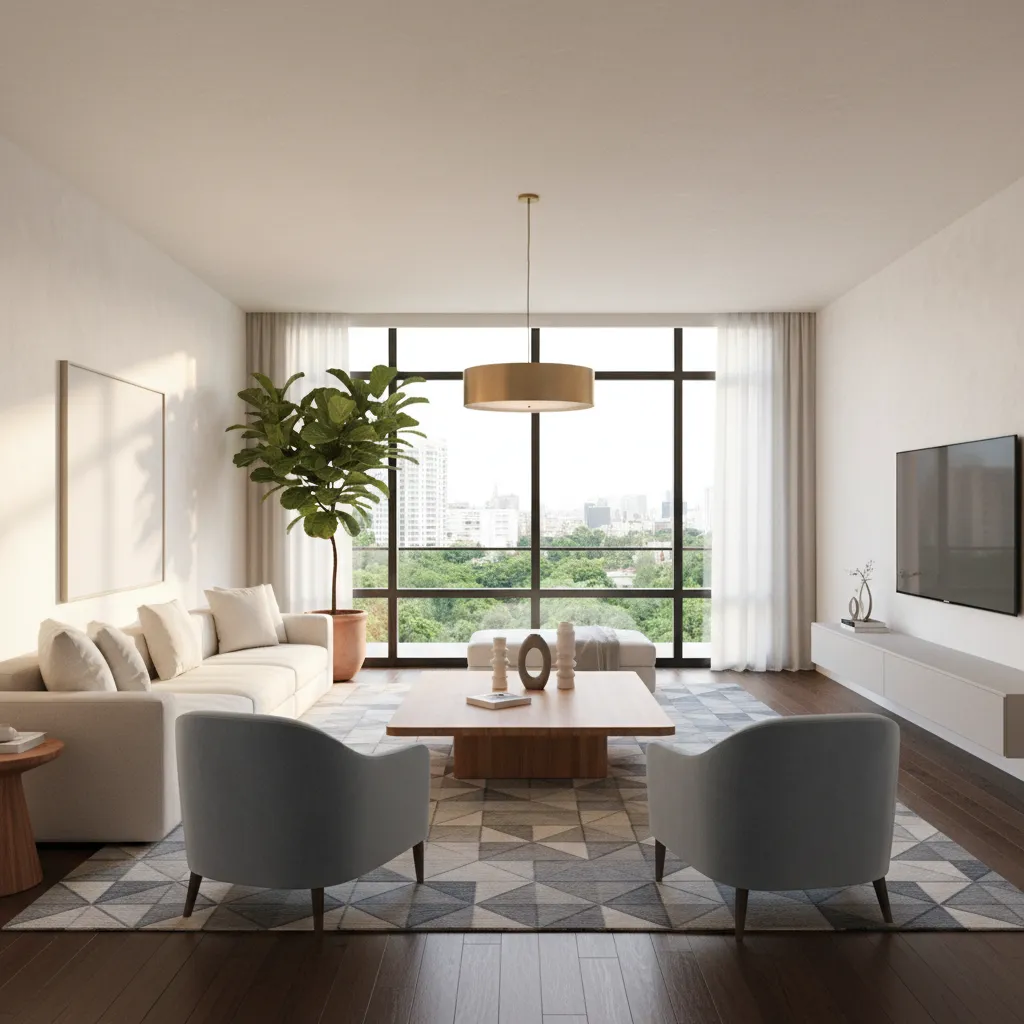 Salón moderno bien distribuido con mobiliario equilibrado y circulación clara