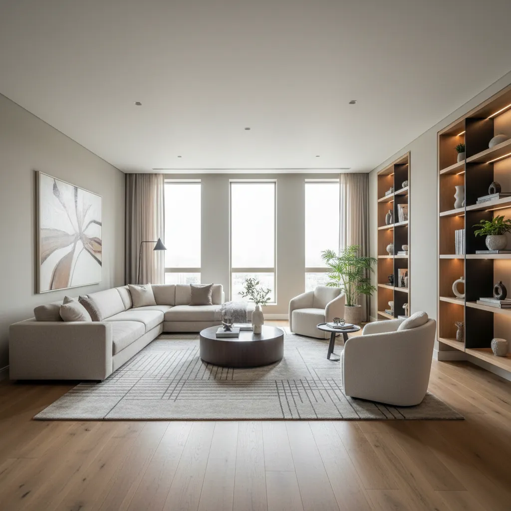Modern living room with large beige sofa wooden floors white chairs and tall wooden cabinets