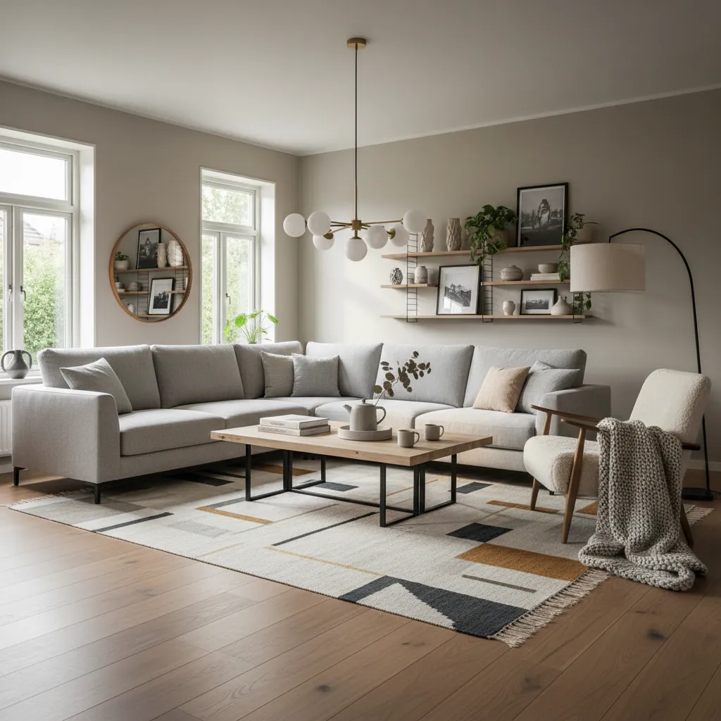 Modern living room with grey sofa, wooden coffee table, patterned rug, ceiling light, and shelves