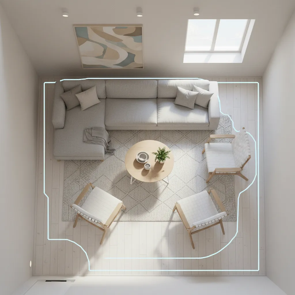 Top view of a modern living room layout with grey sofa rug and wooden table