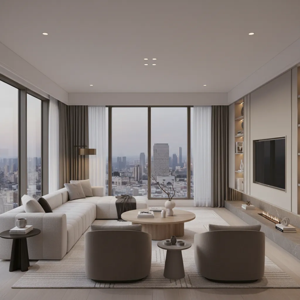Modern living room with white sofa, two armchairs, round wooden table, TV, and city view