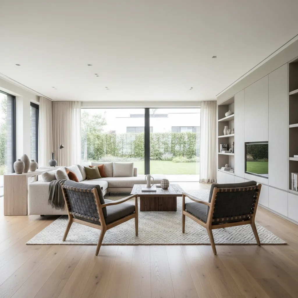 Salón bien distribuido con circulación clara y muebles equilibrados