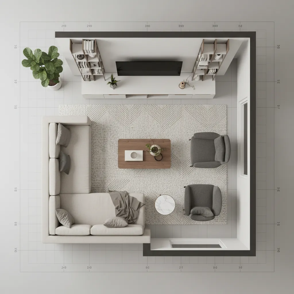 Plano visual de distribución de muebles en un salón residencial