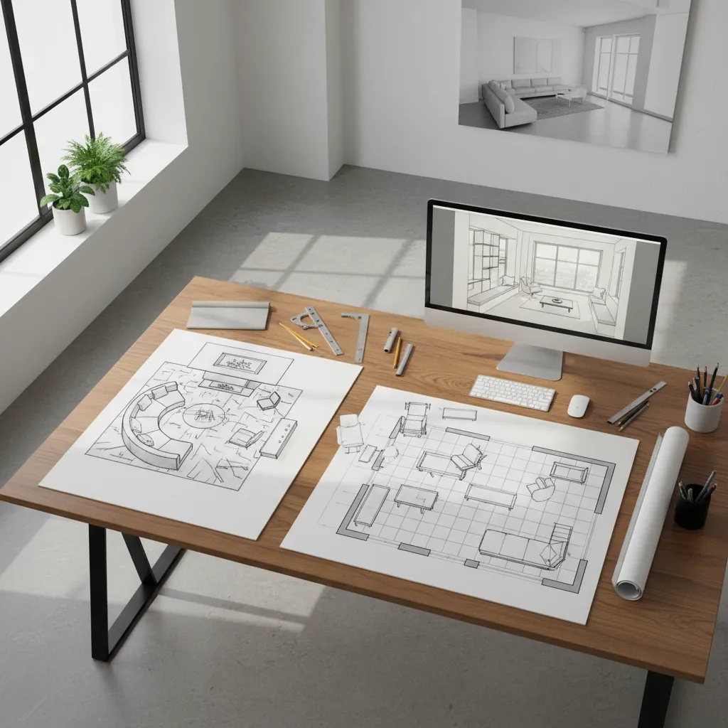 Wooden desk with interior design drawing floor plans computer monitor showing sketch and many tools