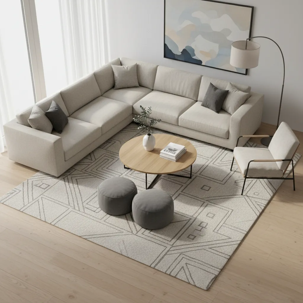 Modern living room with beige sofa, round wood coffee table, patterned rug and floor lamp