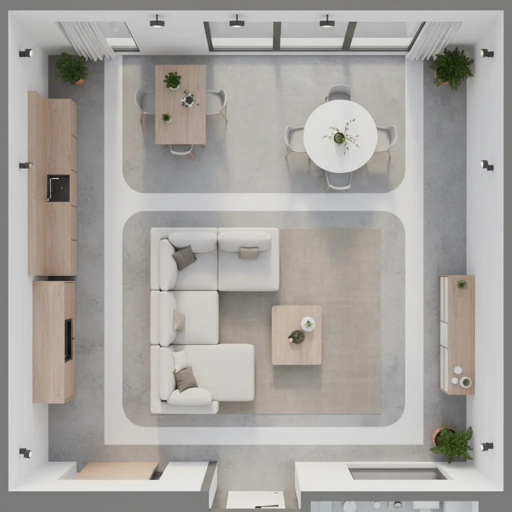 Interior design drawing top view showing kitchen living room area and two modern dining tables