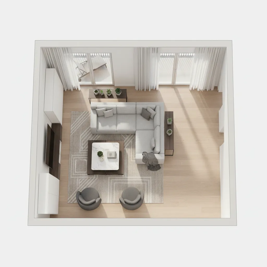 Plano visual de distribución de un salón con sofá, mesa de centro y zonas de paso