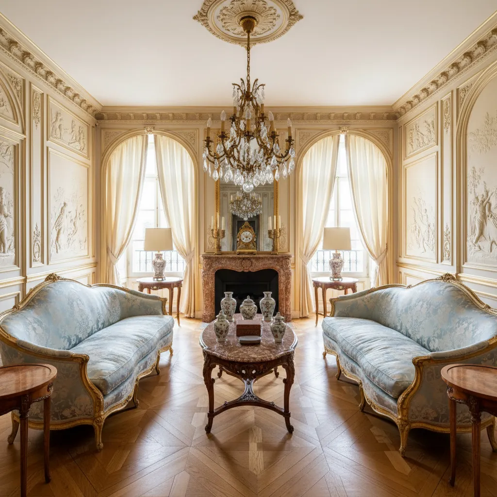 Symmetrical living room with two blue sofas marble table fireplace and a crystal ceiling light