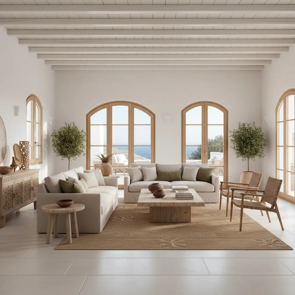 Salón mediterráneo con muebles bajos y distribución abierta