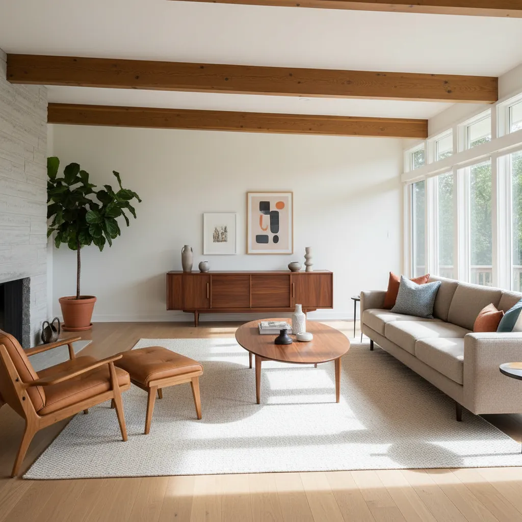 Distribución de salón con mobiliario inspirado en el diseño de los años 50