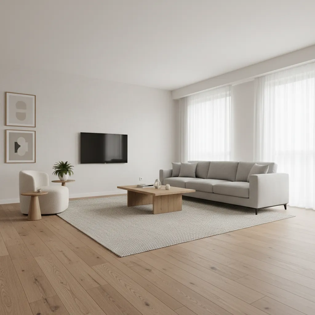 Minimalist living room with grey sofa wooden coffee table wall mounted television and wood flooring
