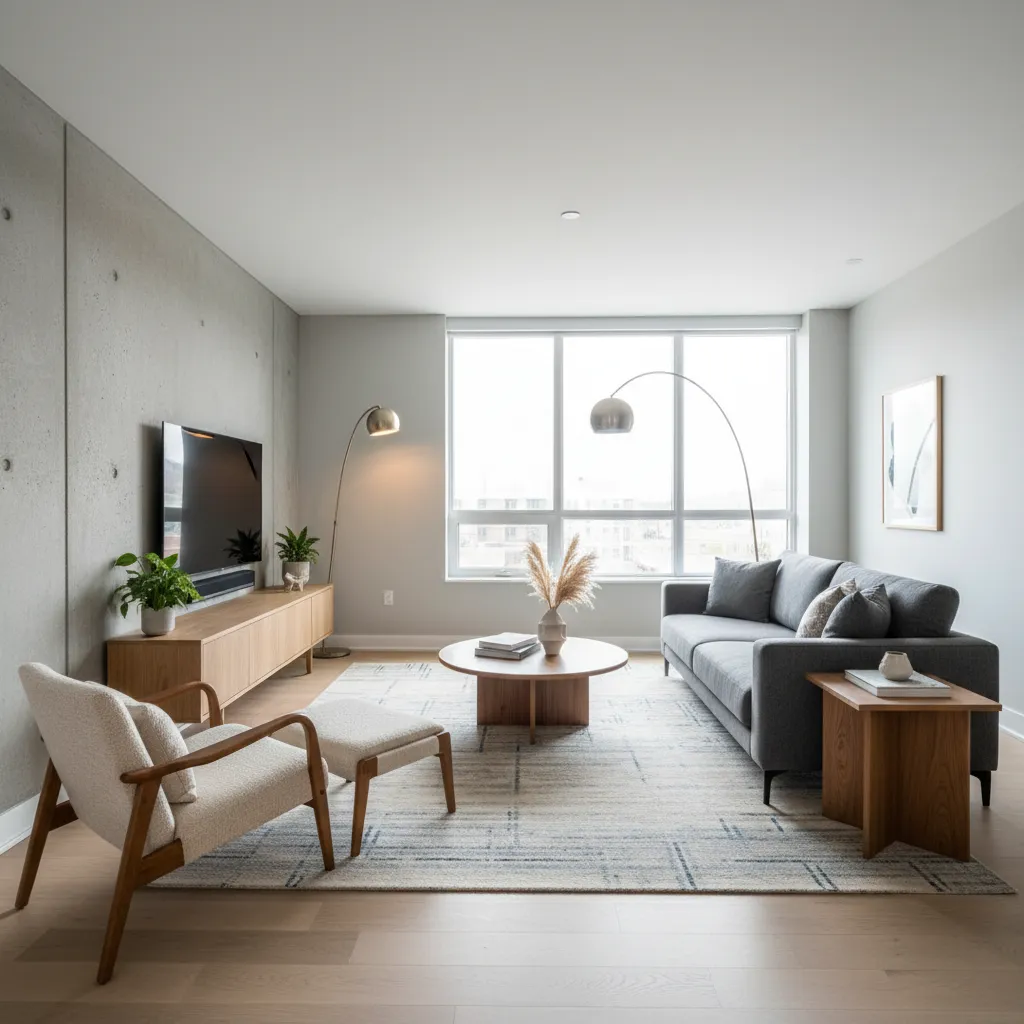 Modern living room with grey sofa wooden coffee table light fixture and white chair footrest