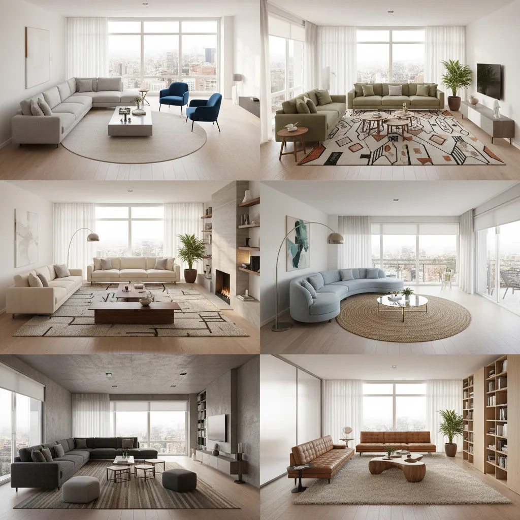 Six modern living room interior design drawing options showing different sofa furniture and floor rugs