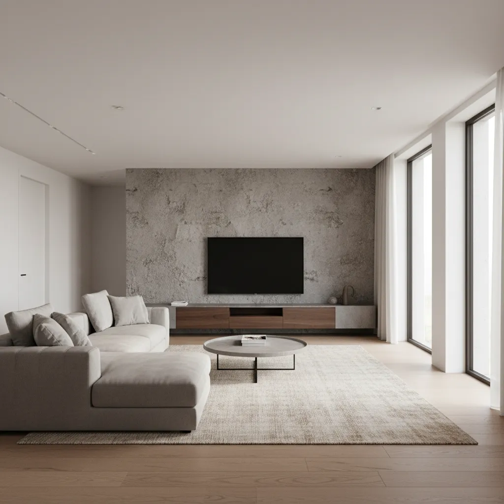 Diseño 3D de un salón con sofá, mesa y buena circulación entre muebles