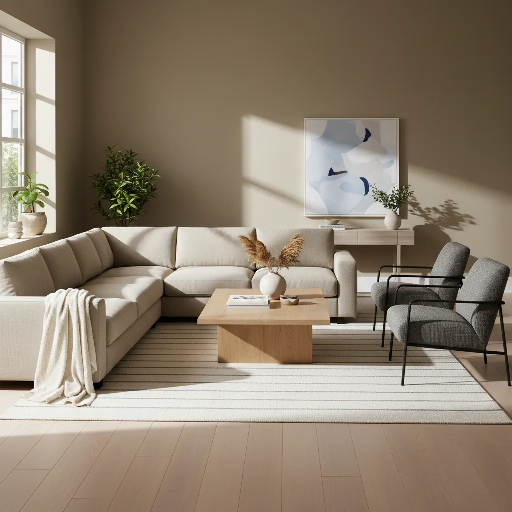 Salón con distribución equilibrada de sofá, mesa y circulación clara