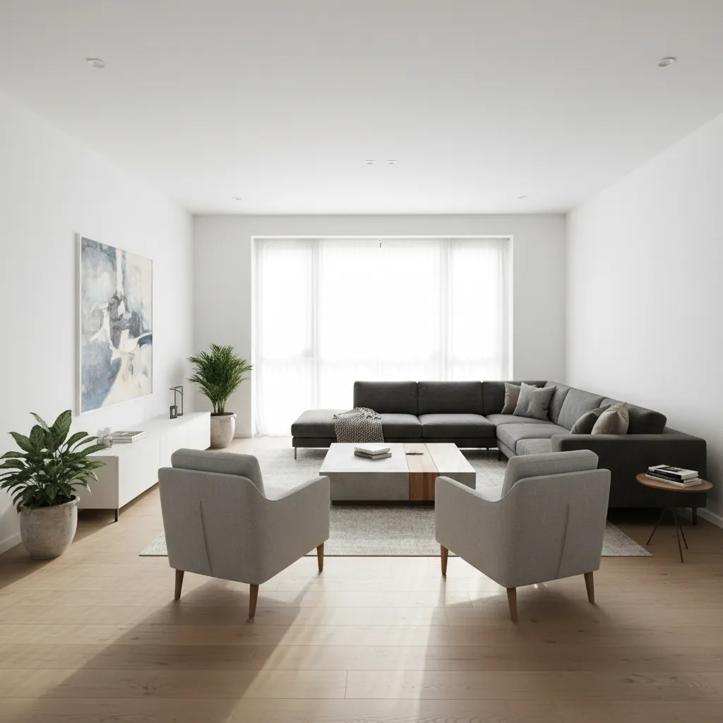 salón mostrando correcta distribución entre sofá, mesa y paso de circulación