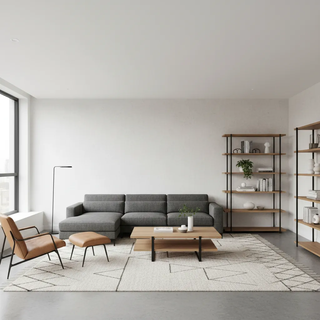 Salón bien distribuido con circulación clara entre muebles