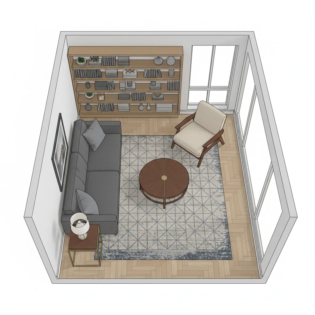 Distribución funcional de muebles en salón pequeño elegante