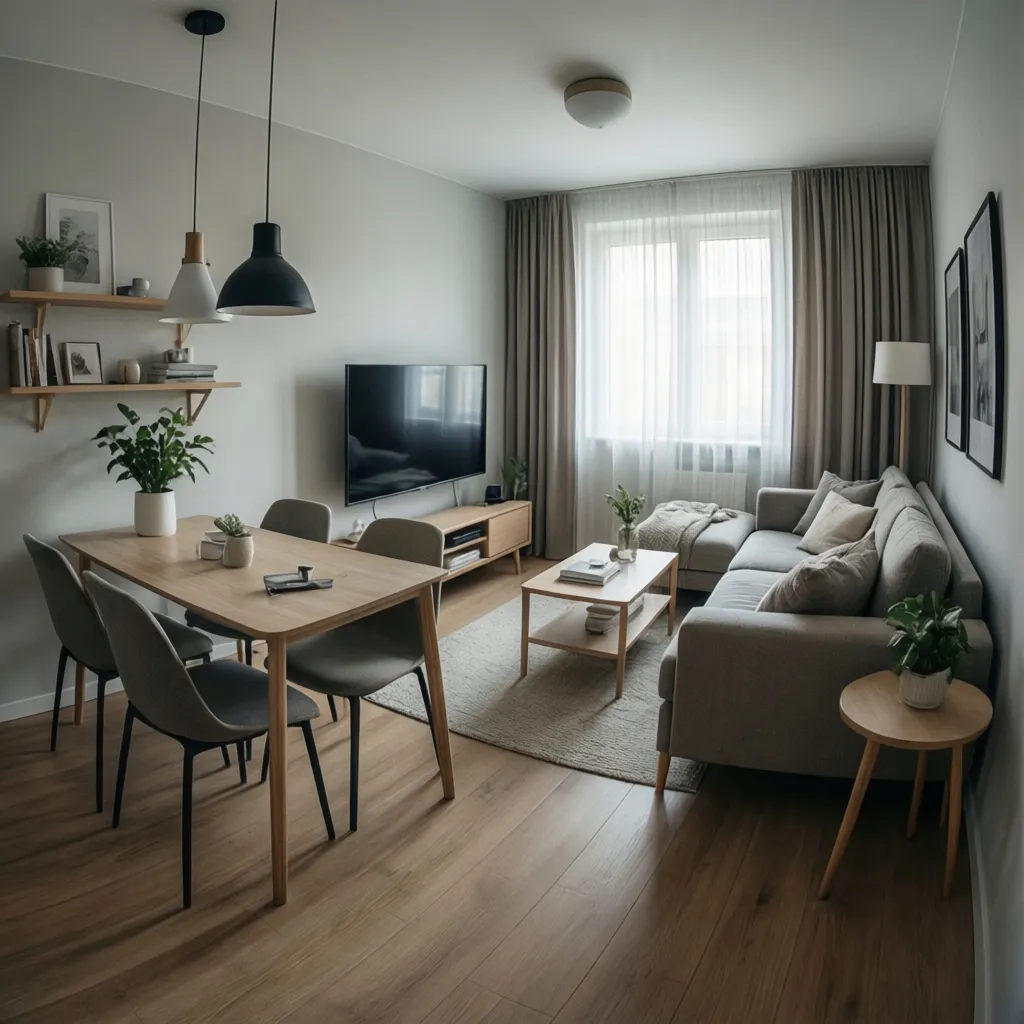 Distribución de salón moderno en piso pequeño con sofá y zona de comedor