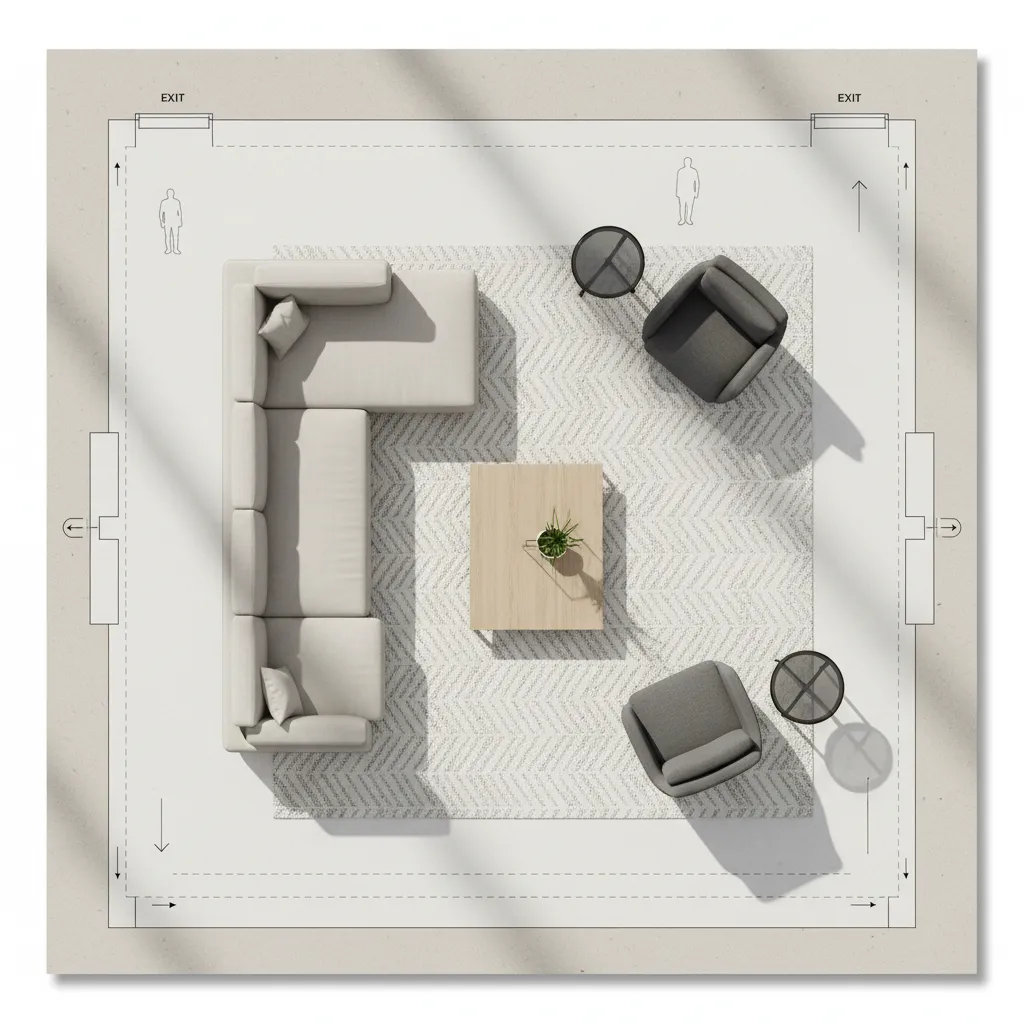 Diseño de distribución de salón con sofá, mesa y circulación marcada