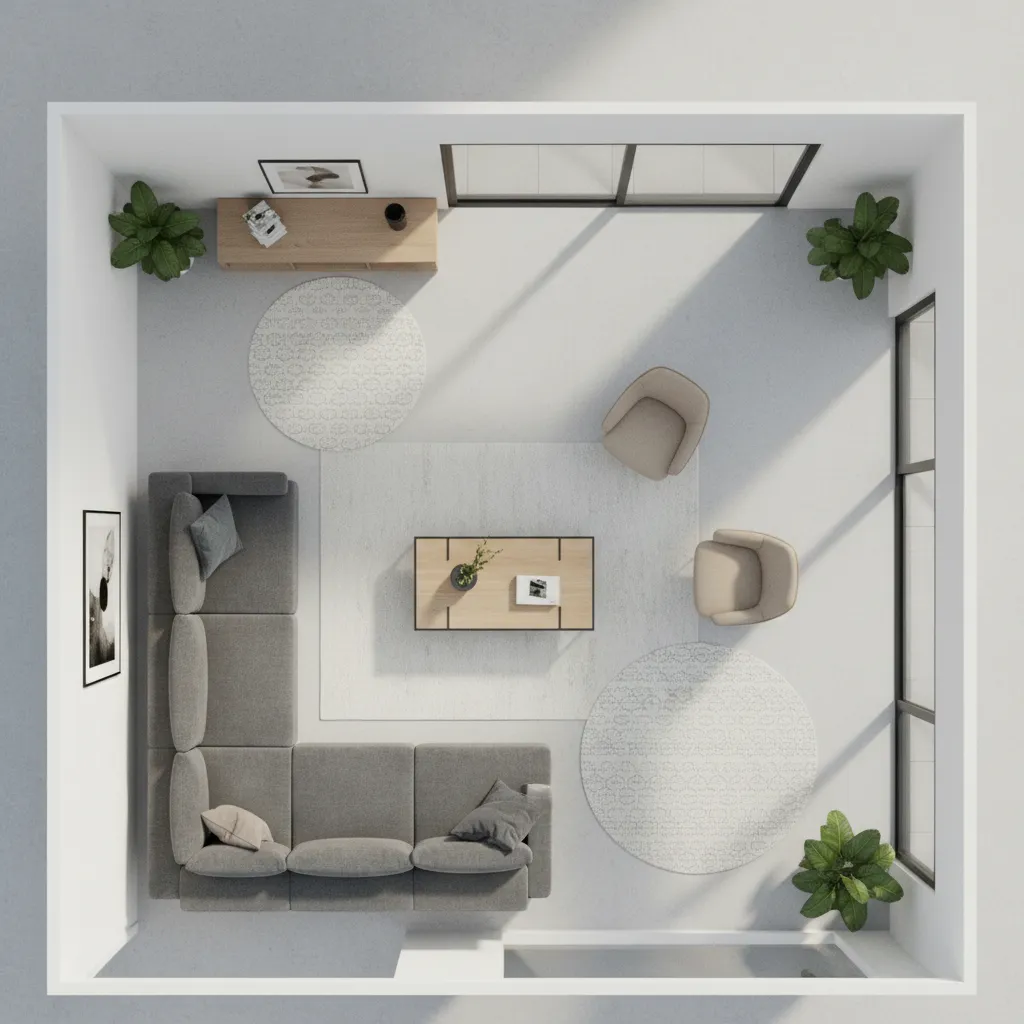 Vista superior de diseño de salón con muebles organizados en una distribución funcional