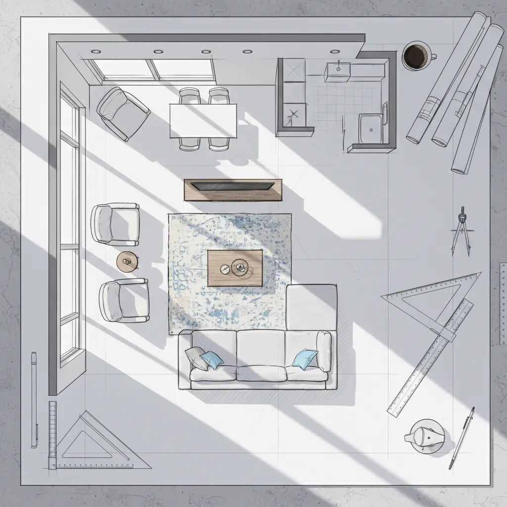 Plano de distribución de un salón con diferentes opciones de mobiliario