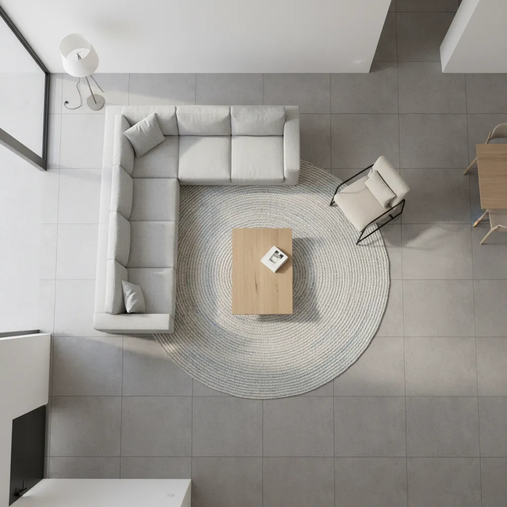 Top view of modern living room with grey sofa wooden coffee table and round rug