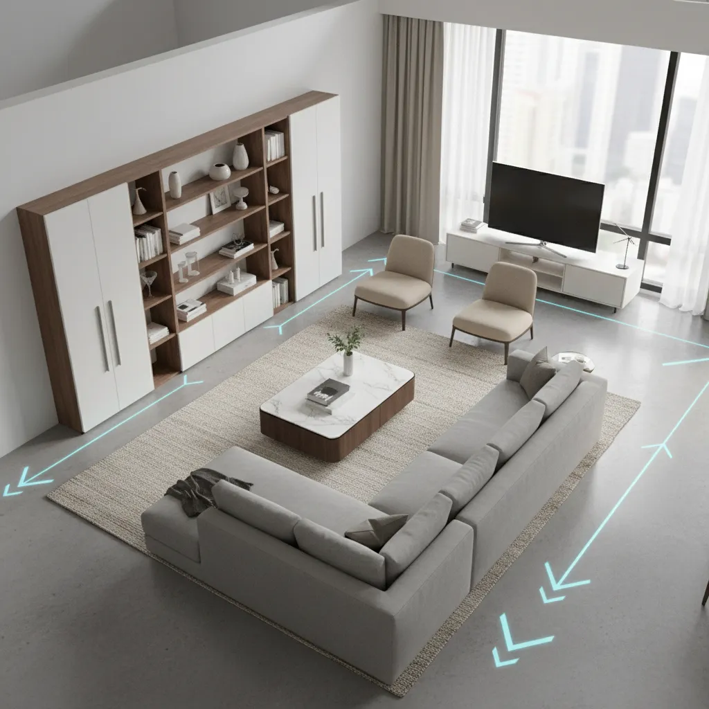 vista de un salón con diferentes zonas de circulación marcadas en un diseño interior
