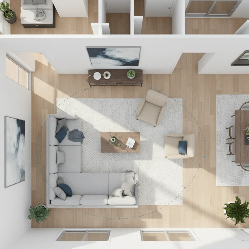 Plano de salón mostrando distribución correcta de muebles