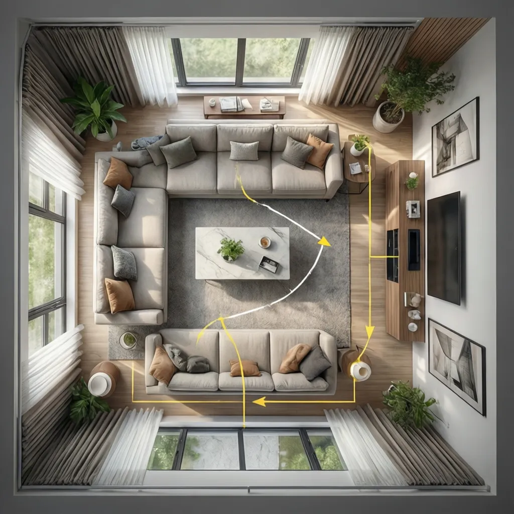 Plano de salón con diferentes opciones de distribución de muebles