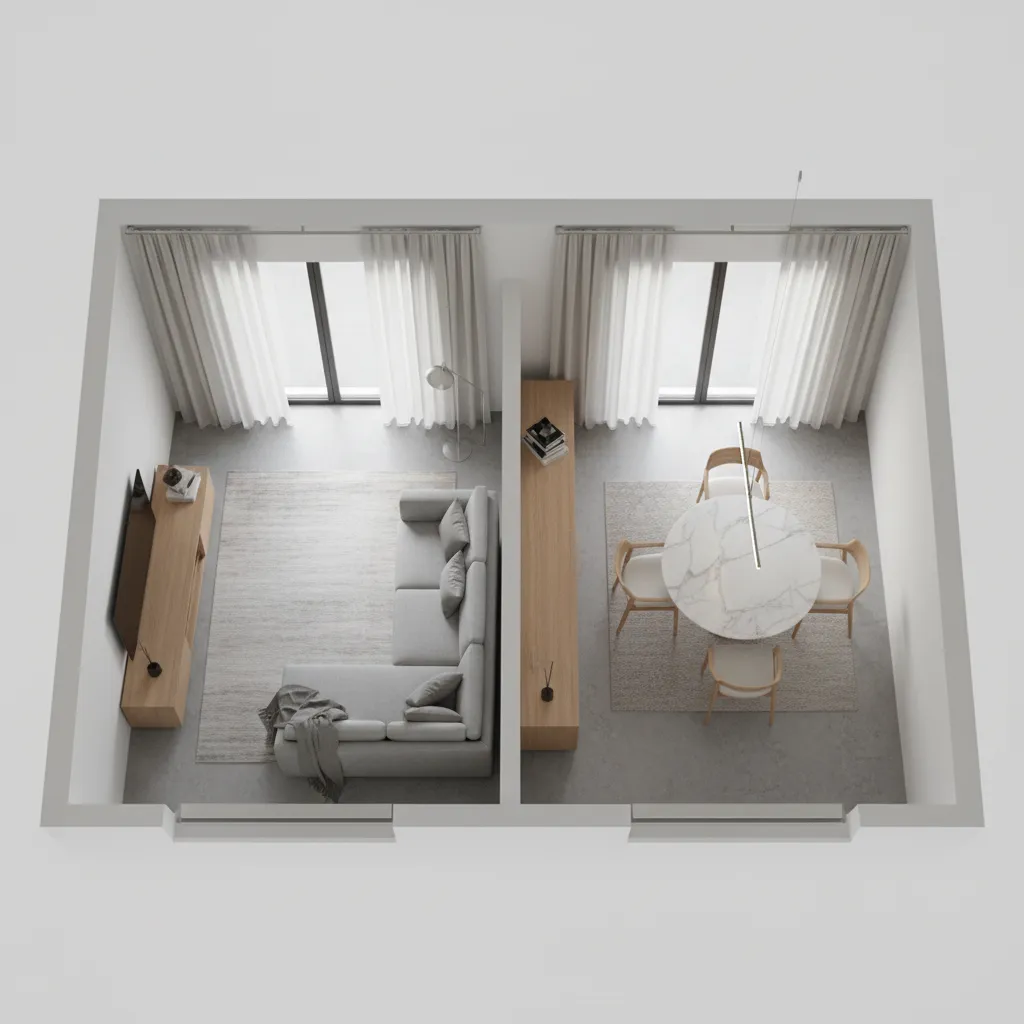 Visualización 3D de la distribución de un salón y comedor