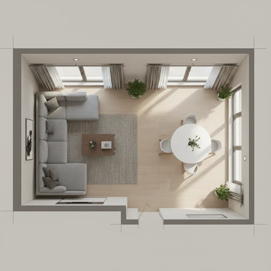 diseño de distribución de un salón mostrando circulación entre muebles