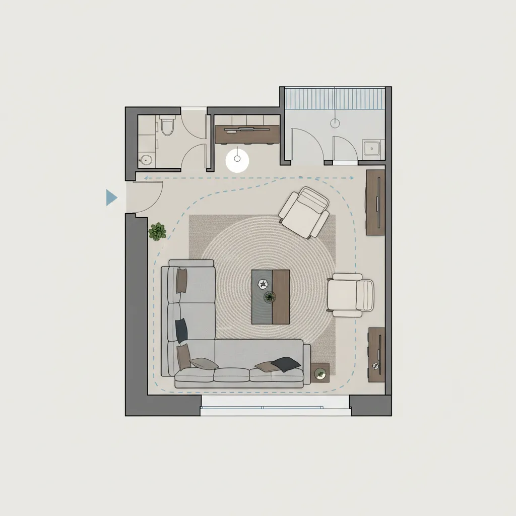 2D room layout drawing showing a living room with sofa chairs rug and blue traffic