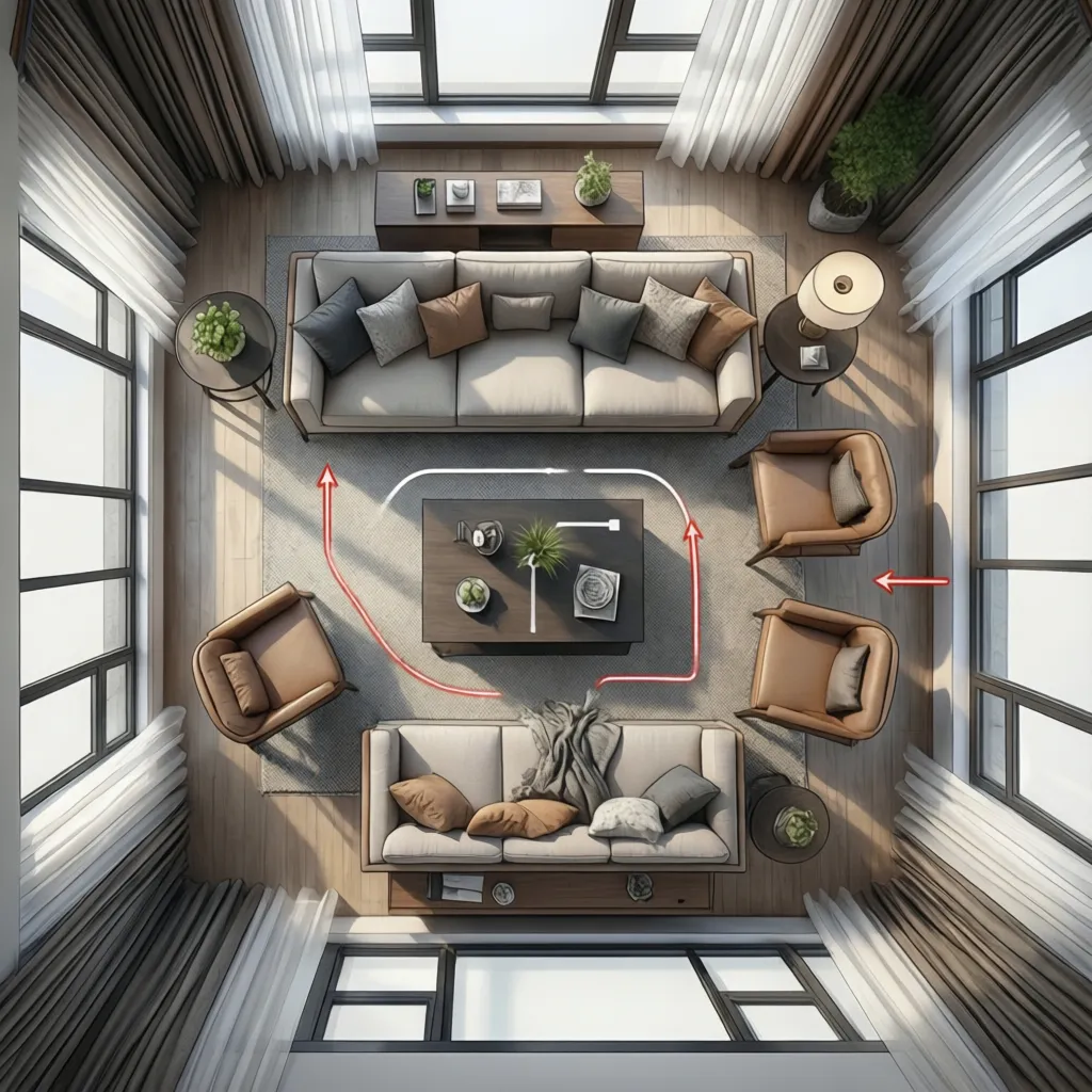 Top-down interior design drawing showing a living room layout with sofas, chairs, and red arrows